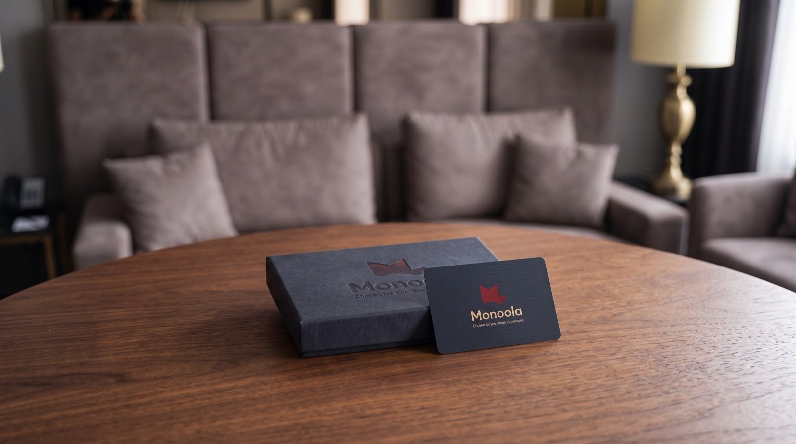 A Monoola Card and its presentation box on a table